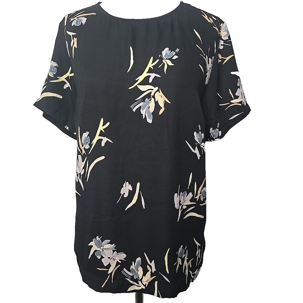 A New Day Black Floral Short Sleeve Chiffon Blouse Top Large L